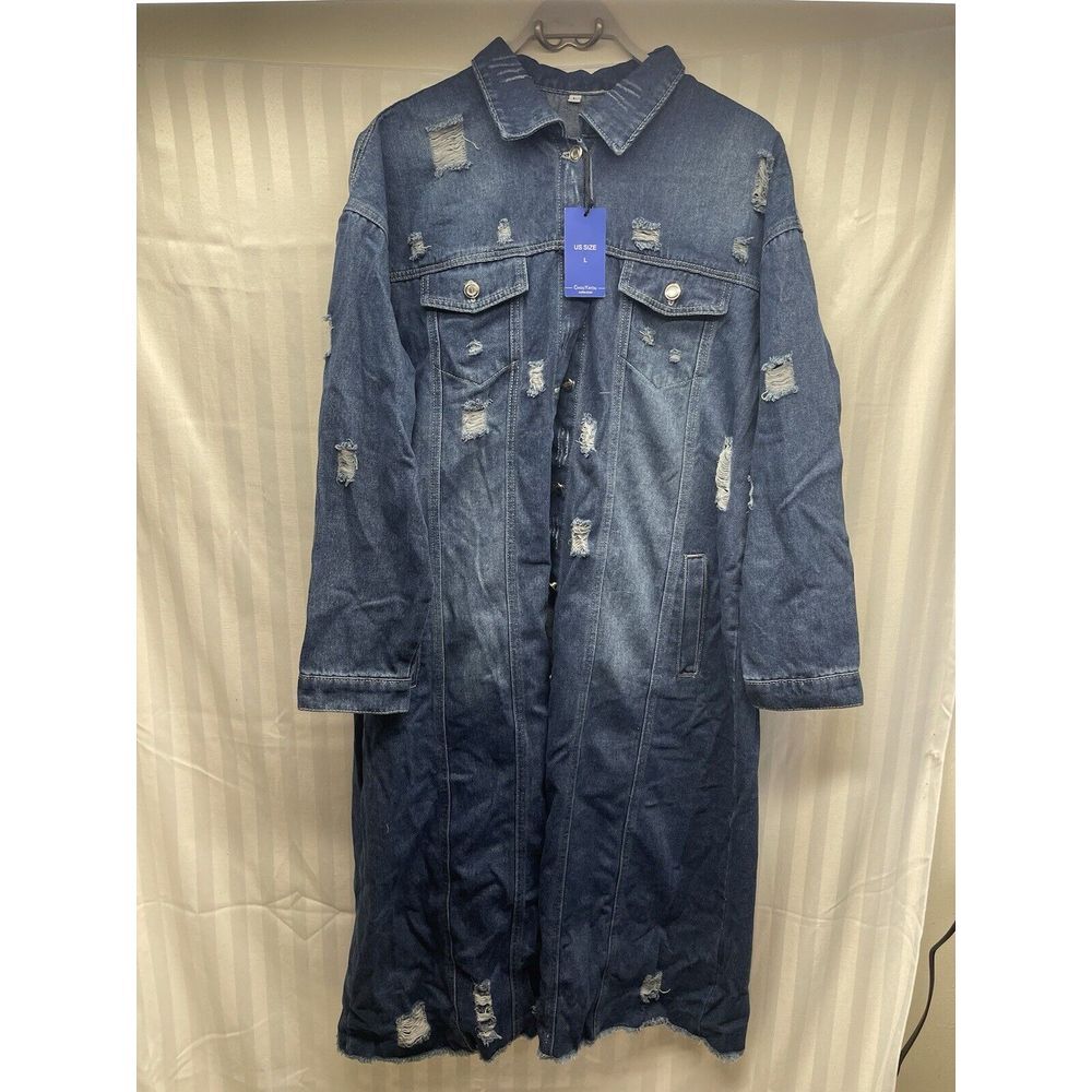 ChouYaTou distressed long length Jean Jacket Trench Coat Size Large